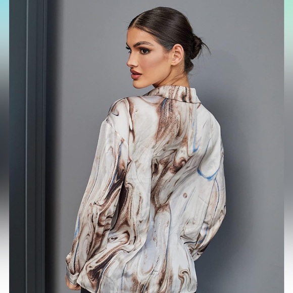 XL Satin Long Sleeve Button Up Down Blouse Marble Streak Print - Picture 5 of 5